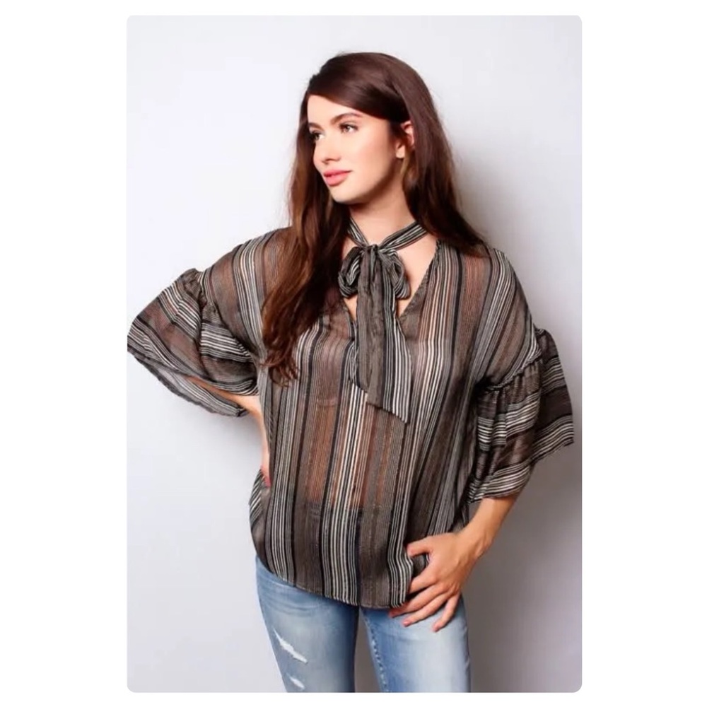 By Together Sheer Striped Tiered Bell Sleeve Blouse